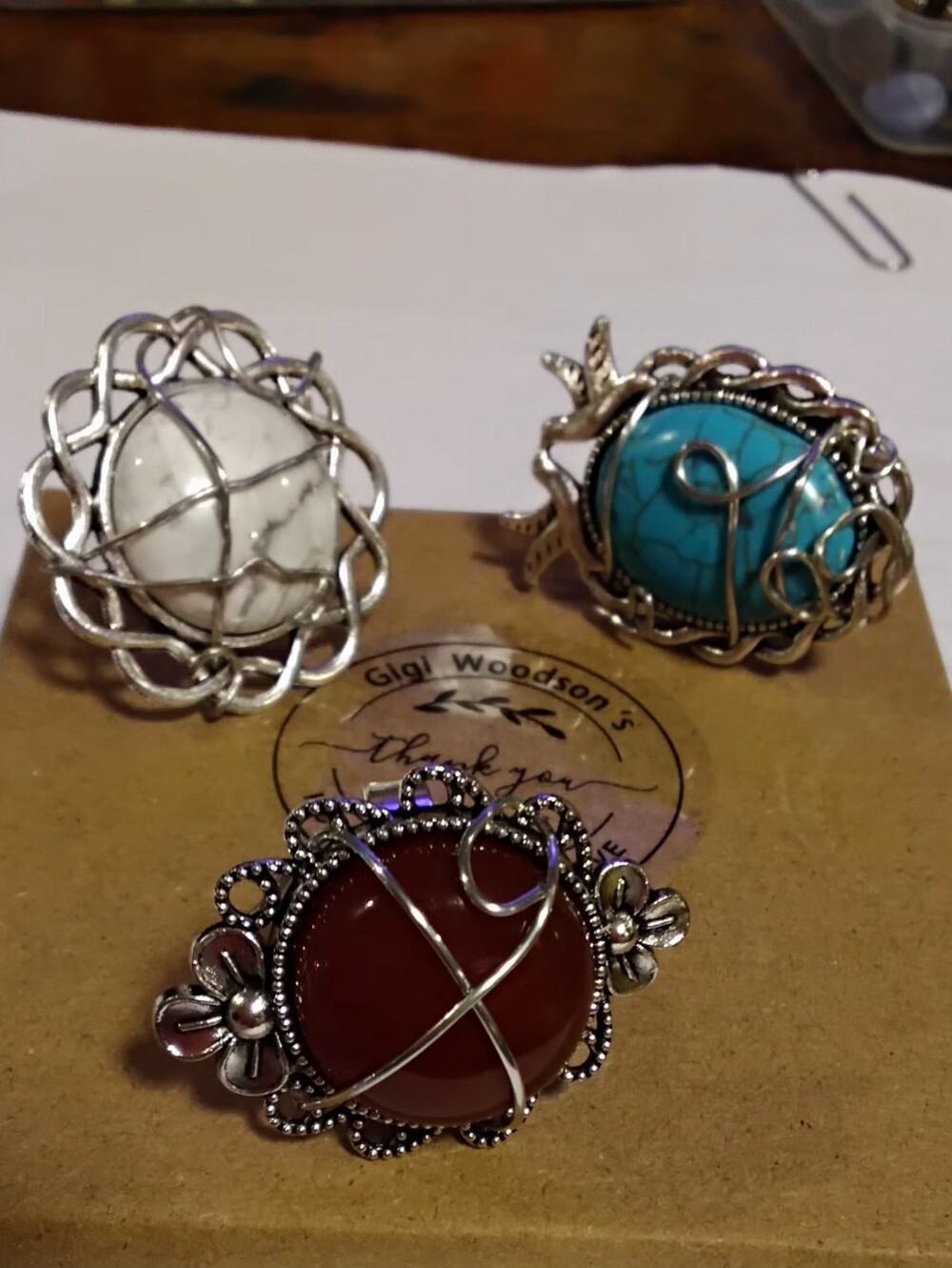 Three-Stone Handcrafted Wire Wrapped Ring Set - Turquoise, White, Brown